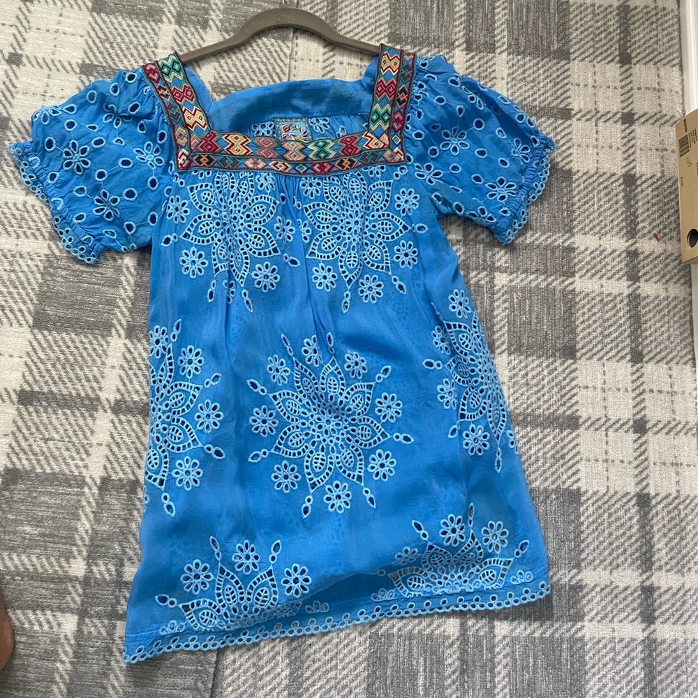 Johnny Was embroidered peasant top in Azure Blue